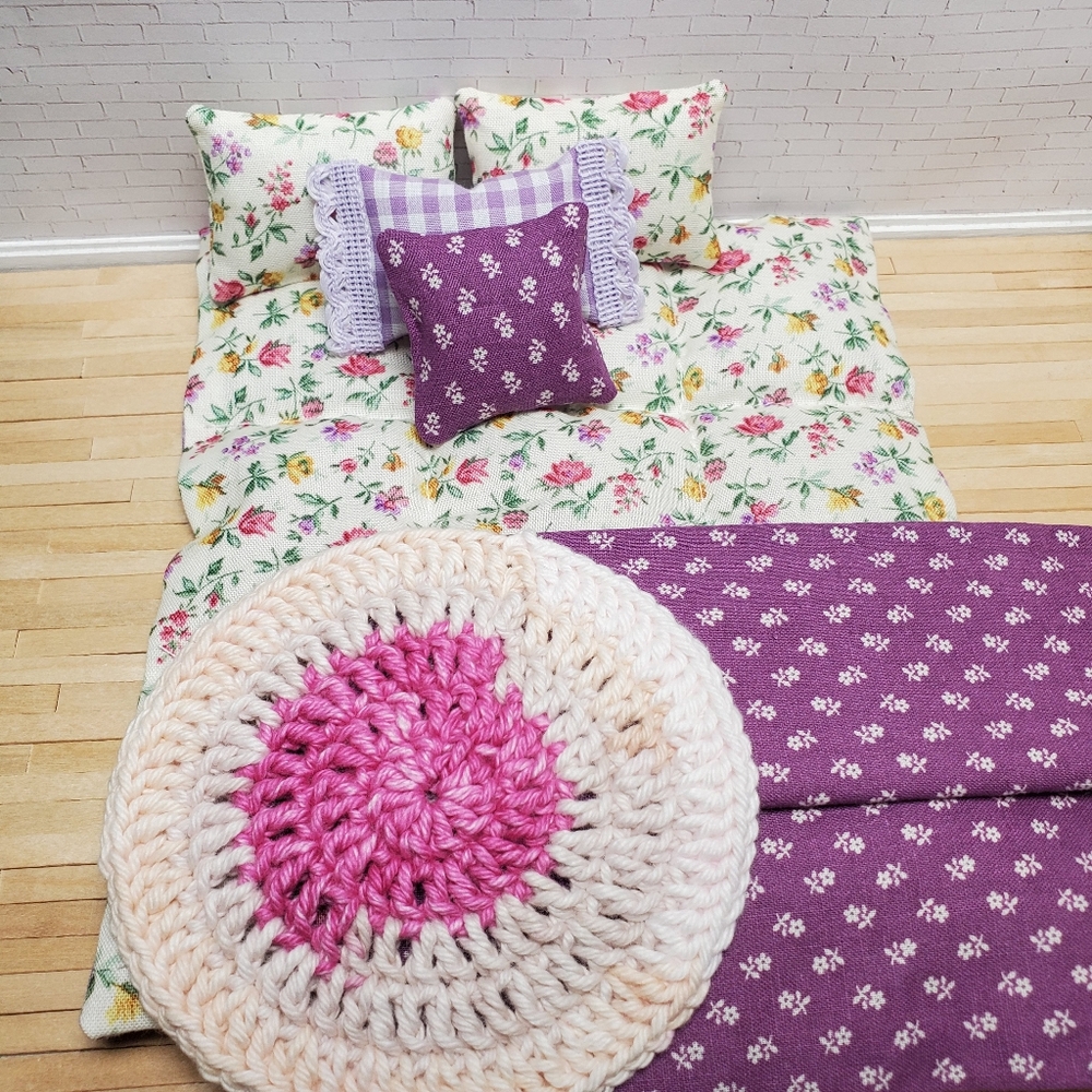Handmade Miniature Dollhouse Floral Duvet Bedding Set 1:12 Scale Purple